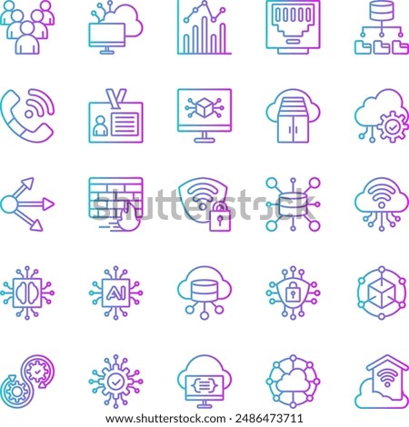 Cloud Computing Network Gradient Icons Set. Contains Icons such as Statistics, Artificial Intelligence, Big Data, Cloud Computing, Firewall, Identity, Ethernet, Queue, Container, Cybersecurity.