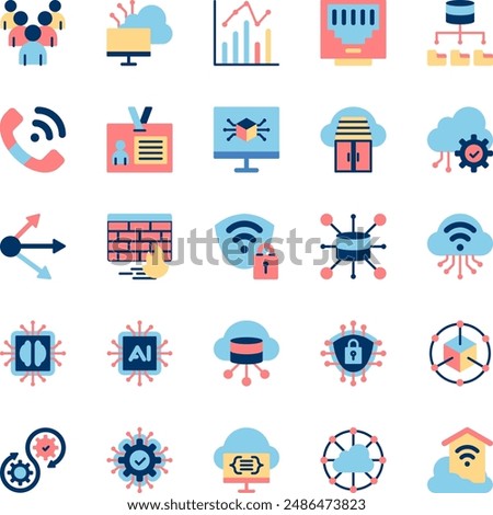 Cloud Computing Network Flat Icons Set. Contains Icons such as Statistics, Artificial Intelligence, Big Data, Cloud Computing, Firewall, Identity, Ethernet, Queue, Container, Cybersecurity, Blockchain