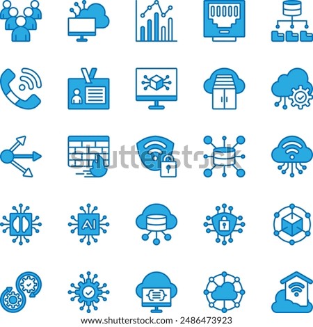 Cloud Computing Network Blue Icons Set. Contains Icons such as Statistics, Artificial Intelligence, Big Data, Cloud Computing, Firewall, Identity, Ethernet, Queue, Container, Cybersecurity.