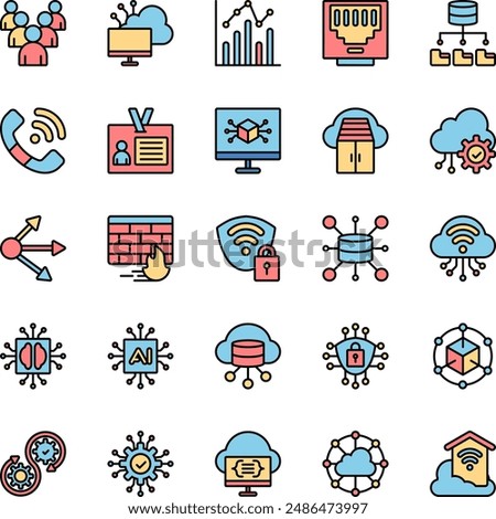 Cloud Computing Network Colored Outline Icons Set. Contains Icons such as Statistics, Artificial Intelligence, Big Data, Cloud Computing, Firewall, Identity, Ethernet, Queue, Container, Cybersecurity.