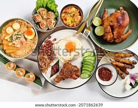 Chinese Asian Food combo dishes set, noodles, omelet, fried chicken, pickle, salet, satay skewers, popiah, stong squid, spring rolls, chicken laksa and fried rice. Photo stock © 