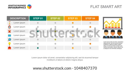 Four step creative chart. Table, process graph, slide template. Creative concept for infographics, project, report. Can be used for topics like business, marketing, analysis