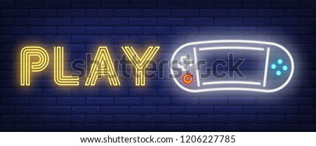 Play neon text with portable videogame console. Videogames and entertainment advertisement design. Night bright neon sign, colorful billboard, light banner. Vector illustration in neon style.