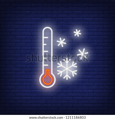 Outdoor thermometer neon sign. Luminous signboard with low temperature on thermometer. Night bright advertisement. Vector illustration in neon style for winter weather, frost