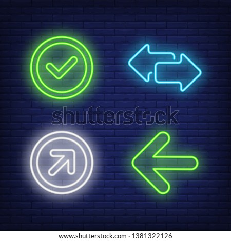 Check mark and arrows neon signs set. Website interface signs or buttons design. Night bright neon sign, colorful billboard, light banner. Vector illustration in neon style.
