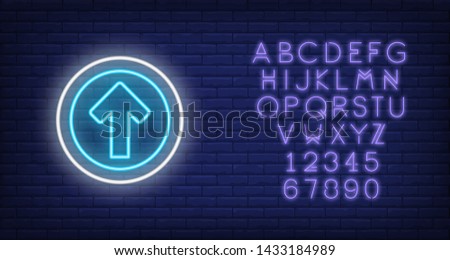 Straight traffic sign. Glowing neon round illustration with straight arrow on blue brick background. Can be used for roads, drivers, traffic