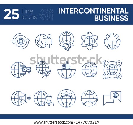 Intercontinental business line icon set. Partnership, gear, mobile payment, world. Business concept. Can be used for topics like finance, analysis, agreement