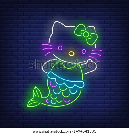 Cute kitten mermaid neon sign. Pet, animal, decor design. Night bright neon sign, colorful billboard, light banner. Vector illustration in neon style.