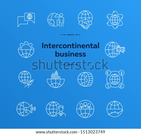 Intercontinental business line icon set. Partnership, gear, mobile payment, world. Business concept. Can be used for topics like finance, analysis, agreement