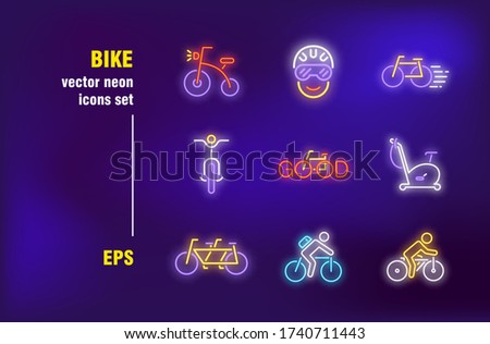 Bikes collection in neon style. Bicycles, rider and wheels. Vector illustrations for bright signboards. Transportation and entertainment concept