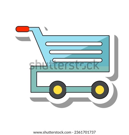 Supermarket trolley for groceries flat paper sticker icon. Equipment or item for transporting goods in shop or store isolated on white background. Shopping, sale, commerce concept