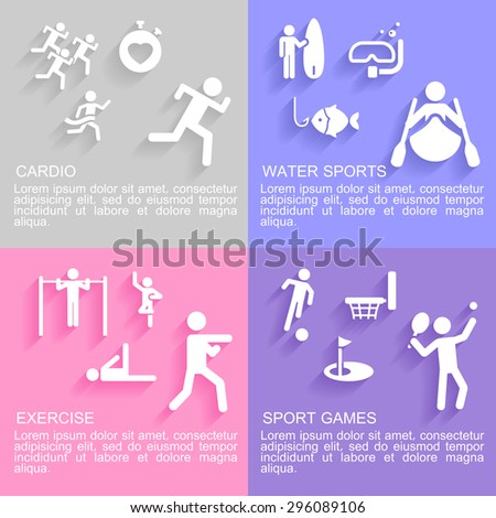 Set of flat design concepts of sport activities, including, cardio workout, exercising, water sport and sport games on colored background