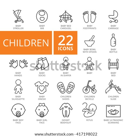 Children icon set. Vector Thin line icon. Good for presentation, training, marketing, design, web. Can be used for creative template, logo, sign, craft. Isolated on white background. 