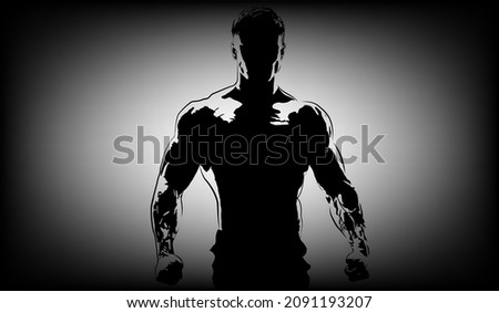 Shirtless fighter. Black background with light behind man