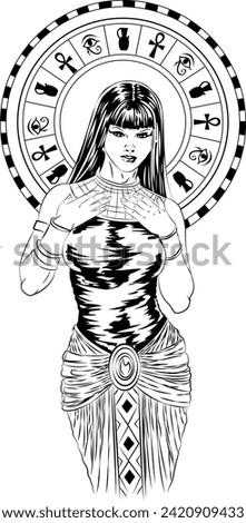 Egyptian woman with Egyptian symbols in the background