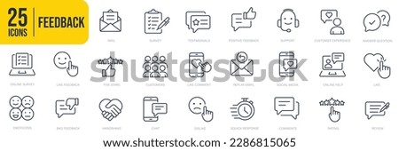 Feedback thin line icons. Editable stroke. Containing ratings, support, testimonials, review, emoticons and more. For website marketing design, logo, app, template, ui, etc. Vector illustration.