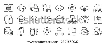 Data traffic, database, clouds, exchange thin line icons. For website marketing design, logo, app, template, ui, etc. Vector illustration.