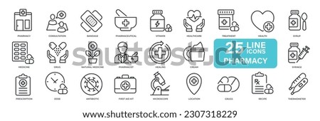 Pharmacy, medicine, healthcare thin line icons.  For website marketing design, logo, app, template, ui, etc. Vector illustration.