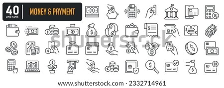 Money and payment simple minimal thin line icons. Related money, credit card, atm, purchase, bill. Vector illustration. 