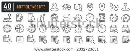 Location, time and date simple minimal thin line icons. Related location, GPS, time, stopwatch, calendar. Vector illustration. 