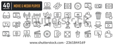 Movie and media player line icons. For website marketing design, logo, app, template, ui, etc. Vector illustration.