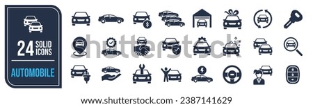 Automobile solid icons collection. Containing car dealer, keyless, garage, electrical vehicle etc icons. For website marketing design, logo, app, template, ui, etc. Vector illustration.