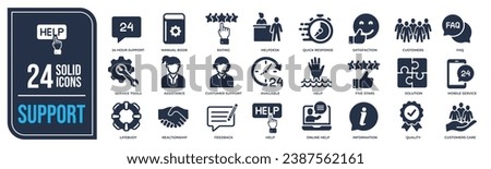 Support solid icons collection. Containing customer service, help, help desk, feedback, testimonial etc icons. For website marketing design, logo, app, template, ui, etc. Vector illustration.