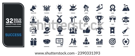 Success solid icons collection. Containing achievement, award, reward, victory etc icons. For website marketing design, logo, app, template, ui, etc. Vector illustration.