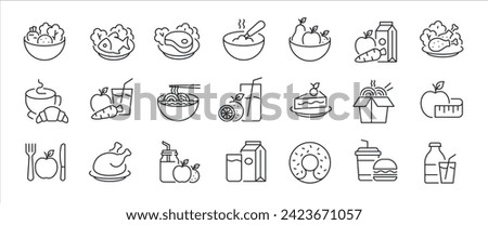 Food minimal thin line icons. Related fresh fruit, vegetable, coffe, salad, meat. Vector illustration.