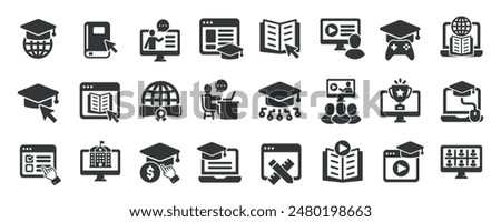 Online education glyph solid icons collection. Containing e-learning, school, education, study, diploma. For website marketing design, logo, app, template, ui, etc. Vector illustration.