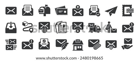 Mailing glyph solid icons collection. Containing mail, email, letter, mailbox, post, envelope. For website marketing design, logo, app, template, ui, etc. Vector illustration.