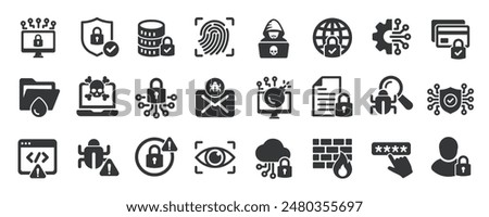 Cyber security glyph solid icons collection. Containing privacy, protection, access, encryption, network. For website marketing design, logo, app, template, ui, etc. Vector illustration.