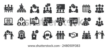 Meeting glyph solid icons collection. Containing business, training, seminar, teamwork, workshop. For website marketing design, logo, app, template, ui, etc. Vector illustration.