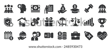 Employee benefits glyph solid icons collection. Containing bonus, incentive, career, reward, promotion. For website marketing design, logo, app, template, ui, etc. Vector illustration.