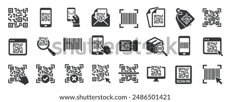 QR Code glyph solid icons collection. Containing barcode, identity, identification, digital. For website marketing design, logo, app, template, ui, etc. Vector illustration.