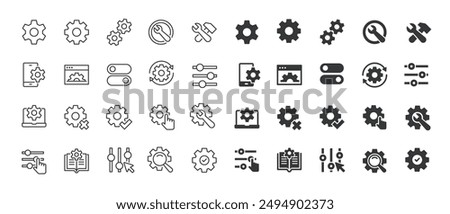 Settings thin line and glyph solid icons collection. Containing configuration, maintenance, service, tools, wrench, gear. For website marketing design, logo, app, template, ui, etc.