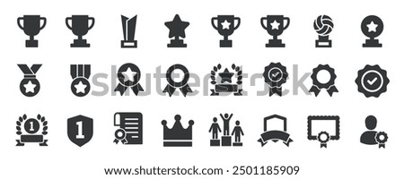 Rewards glyph solid icons collection. Containing content trophy, medal, achievement, success. For website marketing design, logo, app, template, ui, etc. Vector illustration.