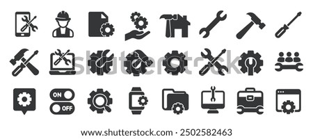 Repair glyph solid icons collection. Containing content setting, engineering, tools, fix. Minimal icon and symbol series vector illustration