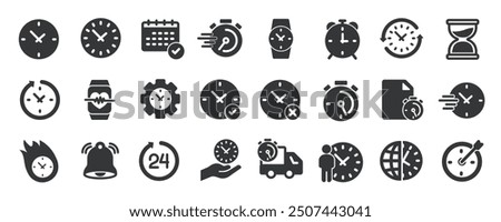 Time glyph solid icons collection. Containing clock, hours, calendar, alarm, stopwatch. Minimal icon and symbol series vector illustration