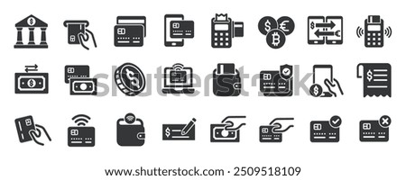 Payment glyph solid icons collection. Containing money, finance, bank, cashless. Minimal icon and symbol series vector illustration