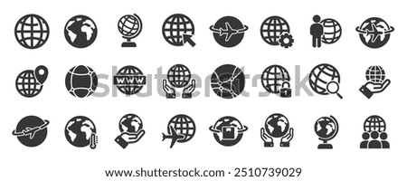 Globe glyph solid icons collection. Containing earth, planet, travel, network. Minimal icon and symbol series vector illustration