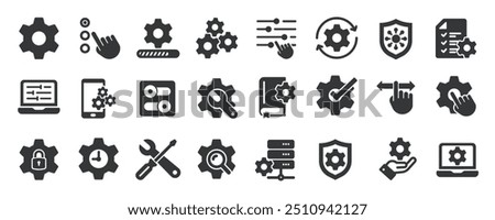 Setting glyph solid icons collection. Containing setup, configuration, update, maintenance. Minimal icon and symbol series vector illustration