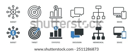 Business marketing strategy line and glyph solid icons collection. Minimal icon and symbol series vector illustration