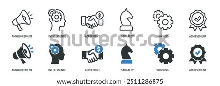 Business marketing strategy line and glyph solid icons collection. Minimal icon and symbol series vector illustration