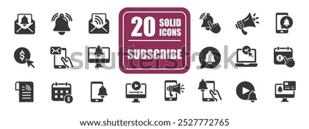 Subscribe glyph solid icons collection. Containing social media, notification, follower, subscription. Minimal icon and symbol series vector illustration