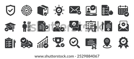 Checkmark glyph solid icons collection. Containing check, approve, checklist, agreement. Minimal icon and symbol series vector illustration