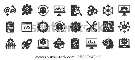 DevOps glyph solid icons collection. Containing development, operations, process, build, product. Minimal icon and symbol series vector illustration