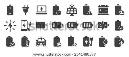 Battery glyph solid icons collection. Containing charging, power, electric, energy. Minimal icon and symbol series vector illustration