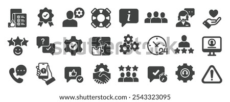 Support and help glyph solid icons collection. Containing information, service, response, chat, feedback etc icons. For website marketing design, logo, app, template, ui, etc. Vector illustration.