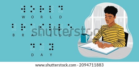 World braille day vector illustration with a man reading a book. Eps 10